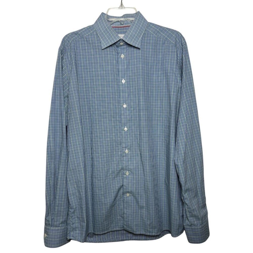 Eton Contemporary Fit Micro Check Button Dress Shirt Sz 44 Neck 17.5 Blue Green